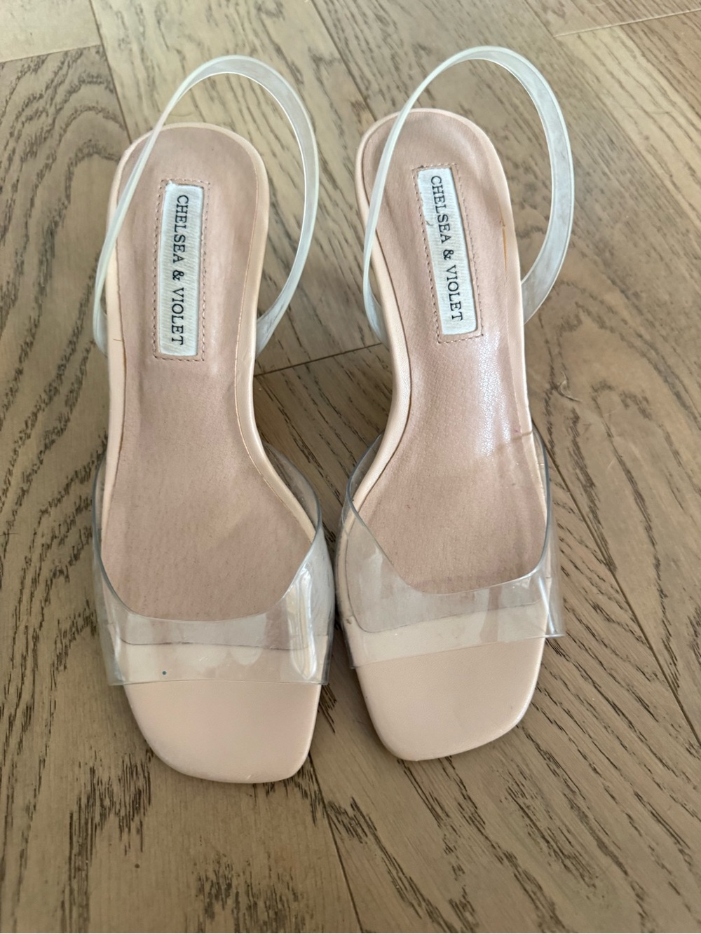 Chelsea & Violet Blush Nude Clear-Strap Slingback Heels